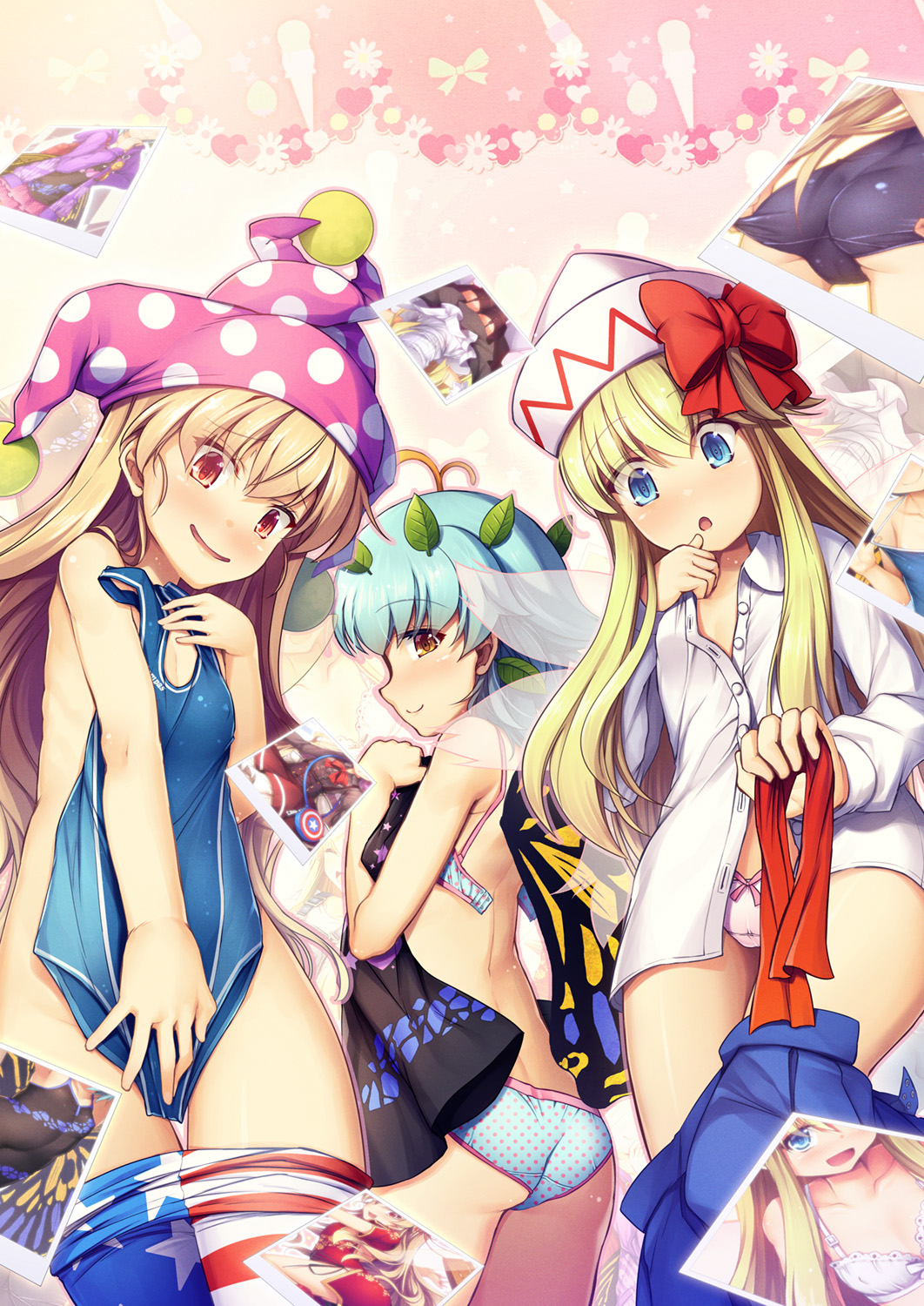 3girls american_flag_legwear aqua_hair blonde_hair blue_eyes blue_panties blue_skirt blue_swimsuit blush brown_eyes butterfly_wings buttons chima_q closed_mouth clownpiece collared_shirt eternity_larva fairy fairy_wings hair_between_eyes hat highres lily_white long_hair long_sleeves multiple_girls one-piece_swimsuit open_mouth panties pantyhose photo_(object) pink_panties polka_dot polka_dot_panties red_eyes shirt short_hair skirt smile star_(symbol) star_print striped striped_pantyhose swimsuit touhou underwear white_headwear white_shirt wings