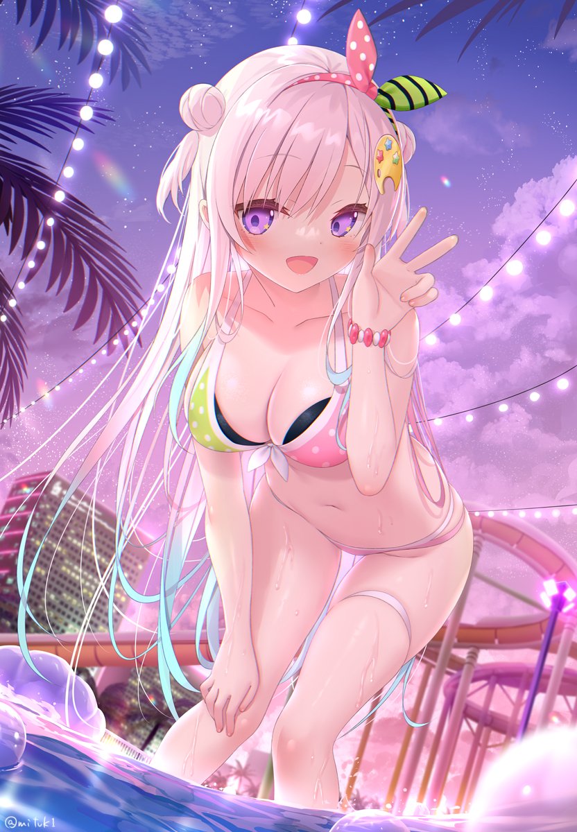 1girl :d airani_iofifteen alternate_costume breasts cleavage headband highres hololive hololive_indonesia in_water large_breasts leaning_forward navel night night_sky official_art palette_hair_ornament palm_tree pink_hair purple_eyes sky smile string_of_light_bulbs thigh_gap thigh_strap tree v virtual_youtuber water_slide yano_mitsuki