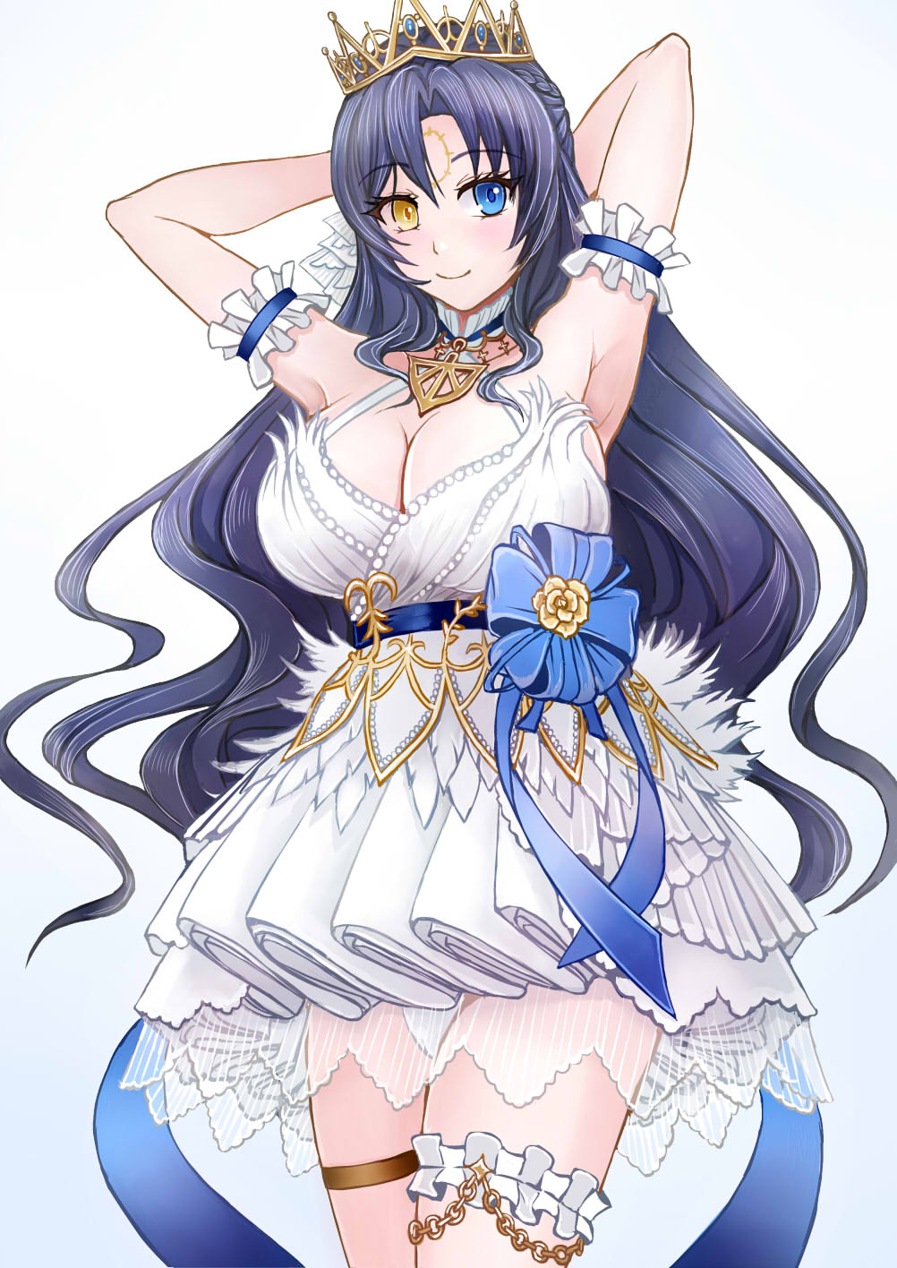 1girl arm_strap armpits arms_behind_head azur_lane blue_bow blue_eyes bow breasts cleavage commentary_request crown dress facial_mark forehead_mark heterochromia highres huge_breasts long_hair looking_at_viewer purple_hair roma_(azur_lane) roma_(white_heron_of_darkest_night)_(azur_lane) sai-go short_dress smile solo thigh_strap wavy_hair white_dress yellow_eyes