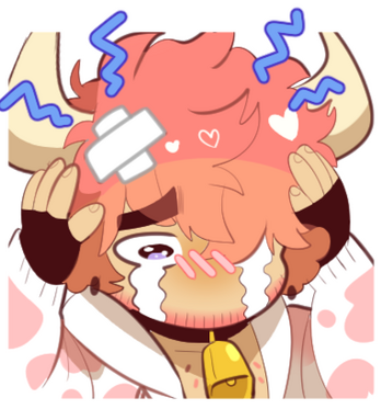 1boy animal_ears animal_print bandage_on_hair bara beard bell belt_collar blush chest_hair chibi collar cow_boy cow_ears cow_horns cow_print cowbell crying facial_hair hair_over_one_eye hood hood_down hooded_jacket horns jacket lowres male_focus mature_male moosopp nose_blush original pain pink_hair print_jacket sad sal_(moosopp) short_hair solo tears thick_eyebrows upper_body