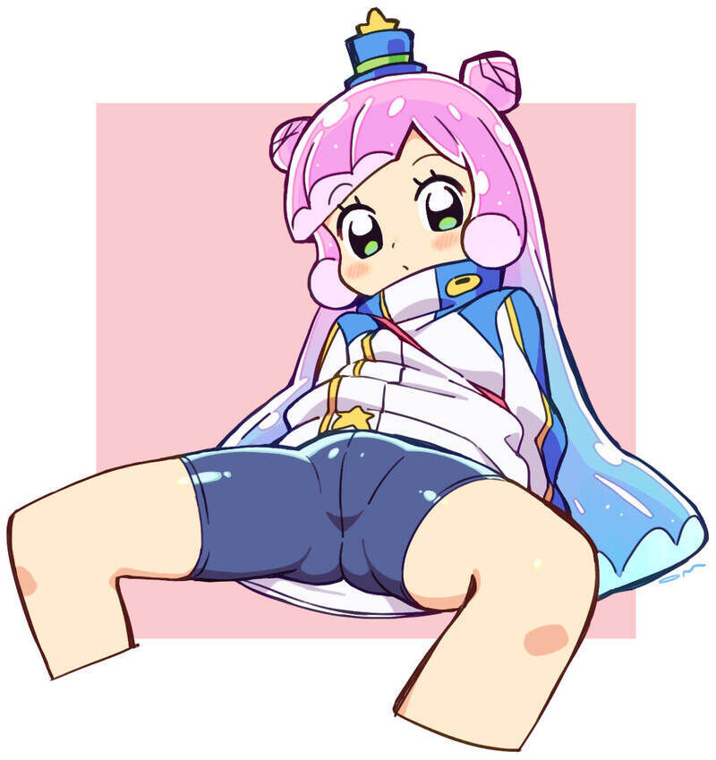 1girl arm_support bike_shorts blue_hair blue_headwear blush cropped_legs double_bun gradient_hair groin hair_bun hat jacket looking_at_viewer mini_hat mini_top_hat monster_girl multicolored_hair om_(nk2007) paid_reward_available pink_hair puniru_(puniru_wa_kawaii_slime) puniru_wa_kawaii_slime sitting slime_girl solo top_hat two-tone_background