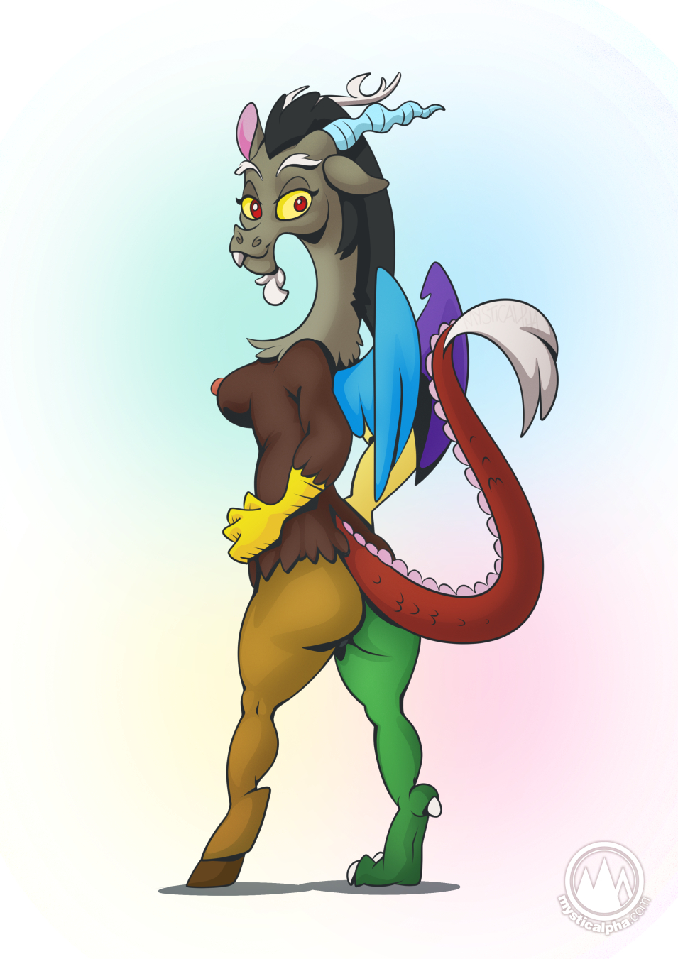 2022 anthro antlers beard black_hair breasts brown_body brown_fur butt chimera claws crossgender digital_media_(artwork) discord_(mlp) draconequus facial_hair female friendship_is_magic fur green_body grey_body grey_fur hair half-closed_eyes hasbro hi_res hooves horn long_tail looking_back mtf_crossgender multicolored_body my_little_pony mysticalpha narrowed_eyes red_body red_eyes red_scales scales side_boob smile solo standing tail_tuft toe_claws tuft white_beard wings yellow_body yellow_sclera