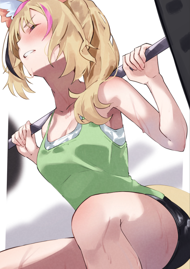 1girl animal_ears barbell bike_shorts black_hair blonde_hair breasts casual cleavage clenched_teeth closed_eyes exercise fox_ears fox_tail hololive long_hair midriff multicolored_hair navel omaru_polka open_mouth pink_hair ponytail solo streaked_hair sweat tail tank_top teeth tsushi virtual_youtuber