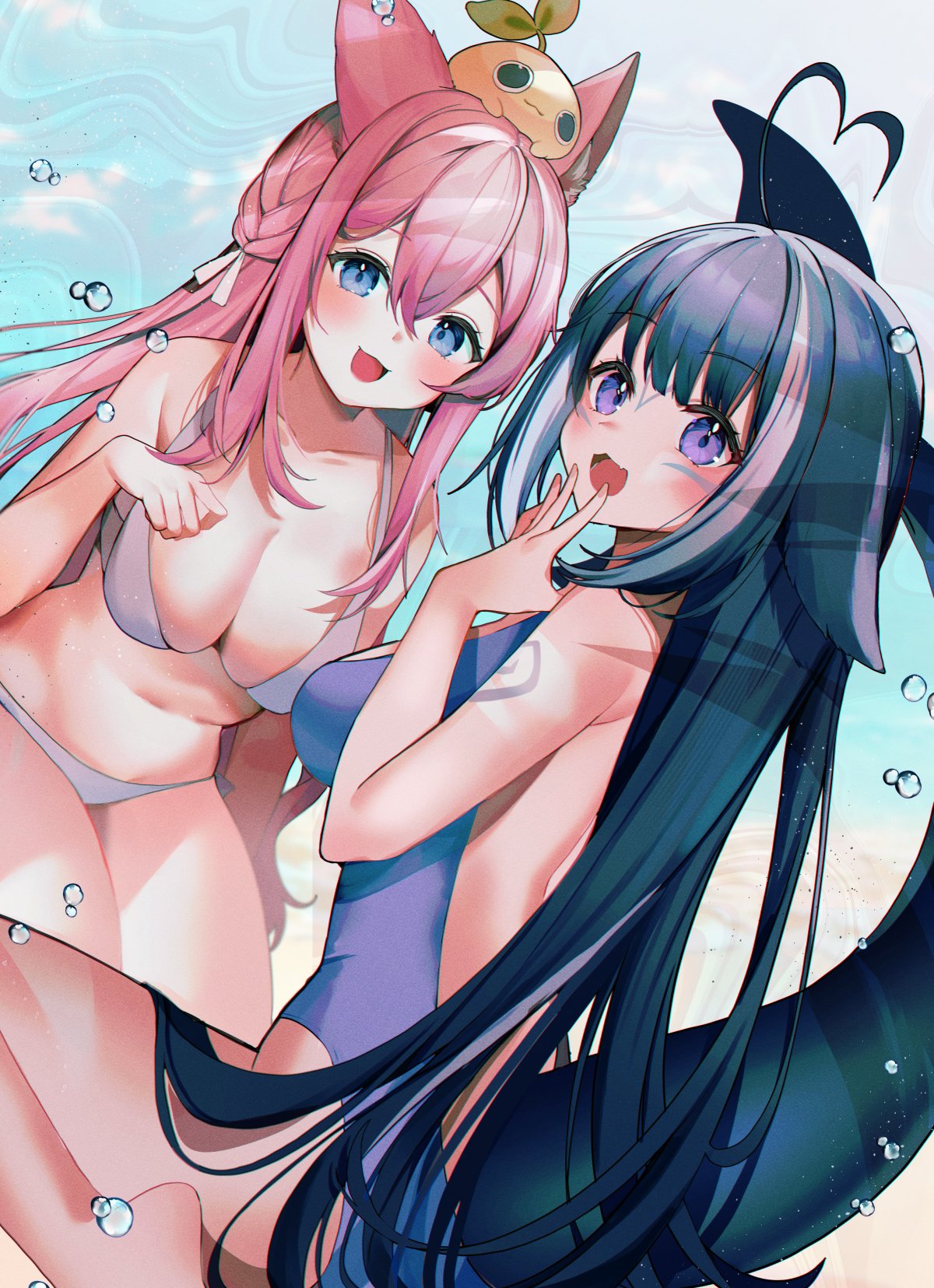 2girls ahoge animal_ears arm_tattoo backless_swimsuit bikini black_hair blue_eyes blue_swimsuit blush breasts cetacean_tail cleavage commentary dog_ears dog_girl english_commentary facial_tattoo fang fish_tail grey_bikini heart heart_ahoge highres indie_virtual_youtuber large_breasts long_hair looking_at_viewer looking_back multicolored_hair multiple_girls navel one-piece_swimsuit open_mouth orca_girl pink_hair shylily skin_fang streaked_hair swimsuit tail tattoo very_long_hair virtual_youtuber vyugen white_hair yuniiho