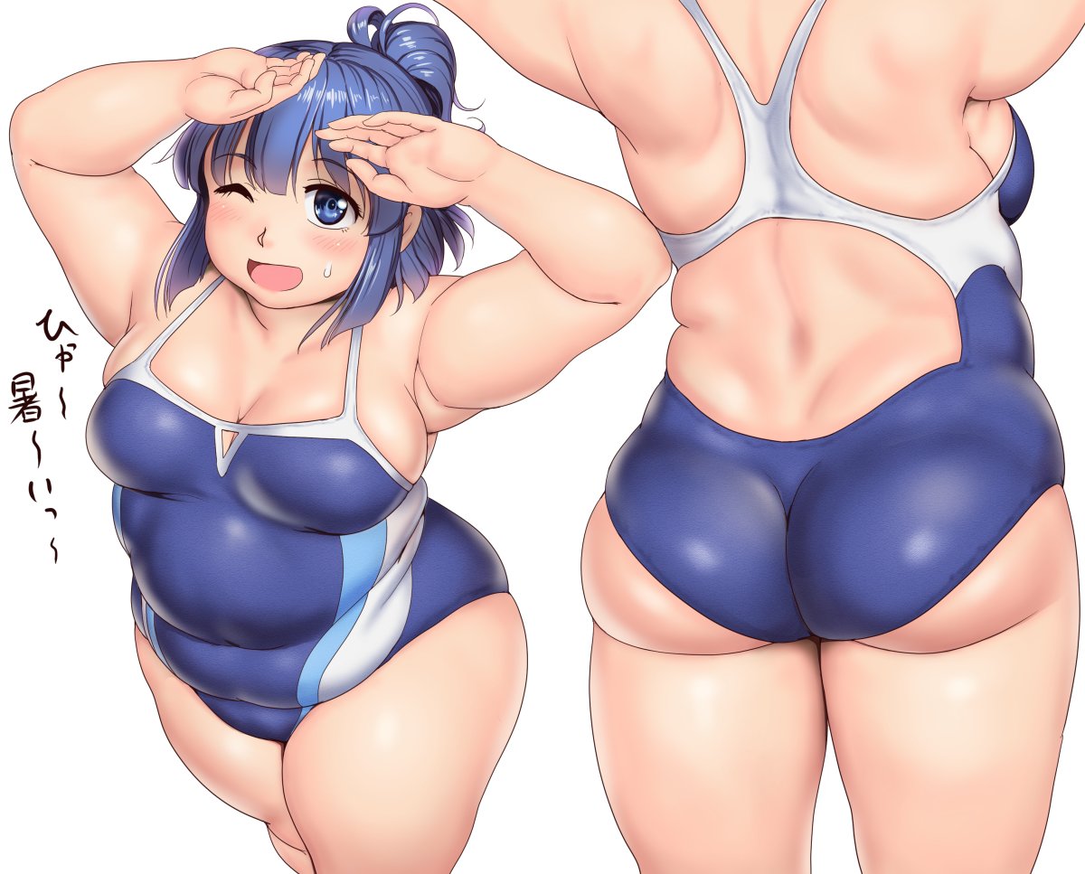 1girl bangs blue_eyes blue_hair blue_swimsuit blush breasts cleavage commentary_request covered_navel fat fat_step-sister_(orizen) feet_out_of_frame from_above from_behind large_breasts looking_at_viewer median_furrow medium_hair multiple_views obese one-piece_swimsuit one_eye_closed open_mouth original orizen ponytail sidelocks simple_background smile sweatdrop swimsuit tareme thick_arms thick_thighs thighs translation_request white_background