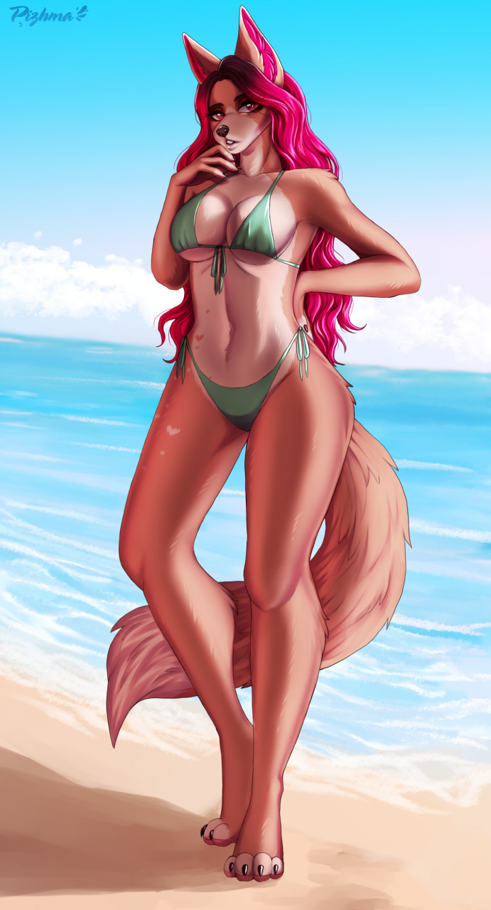 anthro beach big_ears bikini bikini_bottom bikini_top black_hair breasts brown_body brown_fur canid canine canis clothing cloud colored_nails curvaceous curvy_figure female fur gradient_hair green_bikini green_clothing green_swimwear hair hand_on_hip hand_on_mouth hi_res long_hair looking_at_viewer mammal medium_breasts multicolored_body multicolored_fur nails open_mouth peach_(pizhma) pink_eyes pink_hair pinup pizhma pose sand sea seaside sky solo swimwear tall tan_body tan_fur tied_bikini tiptoes two_tone_body two_tone_fur voluptuous water wave wide_hips wolf