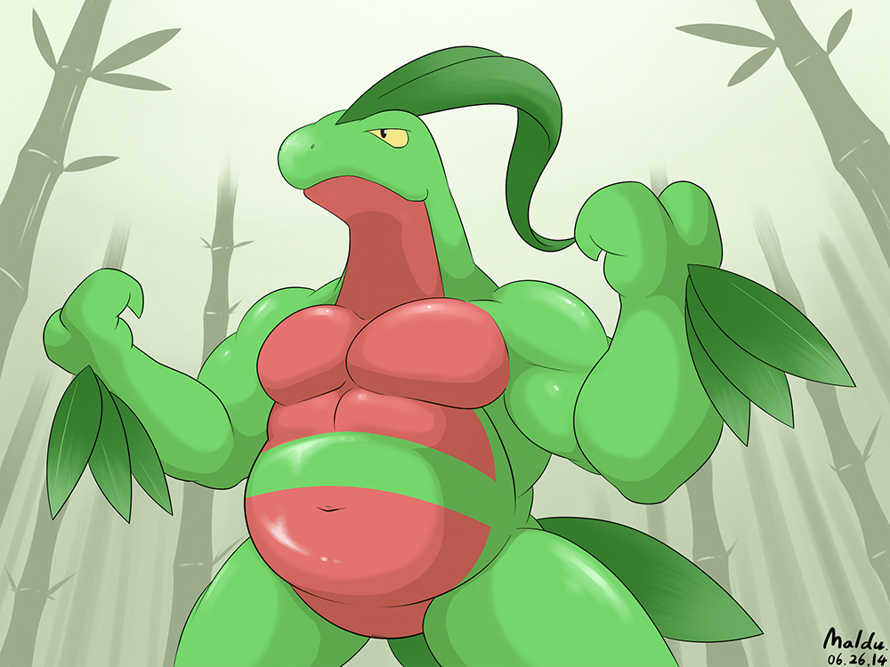 2014 4:3 anthro anthrofied featureless_crotch flexing green_body grovyle lizard maldu male musclegut muscular muscular_male navel nintendo nude outside pecs plant pok&eacute;mon pok&eacute;mon_(species) reptile scalie solo tree video_games