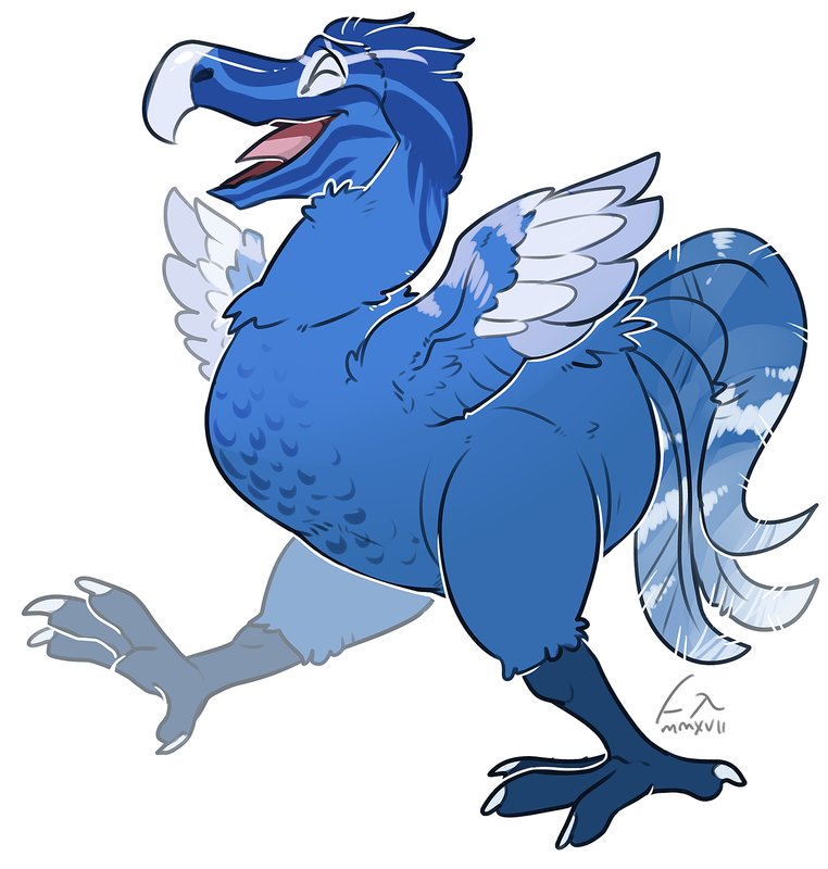 ambiguous_gender avian blue_body blue_feathers blue_tail_feathers claws eyes_closed feathered_wings feathers happy imperatorcaesar open_mouth open_smile pink_tongue side_view signature simple_background smile solo tail_feathers tongue white_background white_claws wings