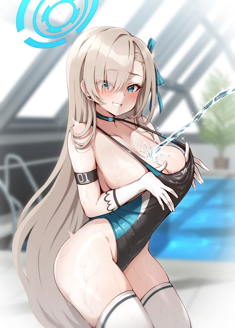 1girl asuna_(blue_archive) bangs black_swimsuit blue_archive blue_eyes blue_swimsuit blush breasts competition_swimsuit covered_navel gloves hair_over_one_eye halo highleg highleg_swimsuit hiraga_daidai large_breasts light_brown_hair long_hair mole mole_on_breast multicolored_clothes multicolored_swimsuit one-piece_swimsuit pool pool_ladder poolside rei_no_pool solo standing swept_bangs swimsuit thighhighs very_long_hair white_gloves white_swimsuit white_thighhighs