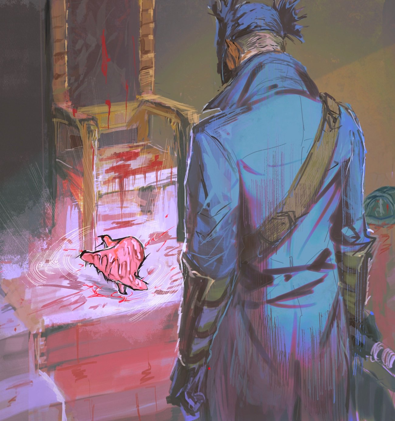 1boy black_gloves blood blood_stain bloodborne blue_coat blue_headwear breakdance cat_breakdancing_(meme) chair character_request coat from_behind gloves grey_hair guri_otoko hat highres holding holding_weapon hunter_(bloodborne) meme short_hair stairs standing tricorne weapon