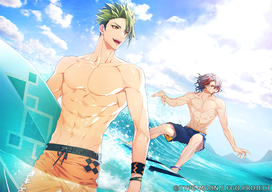 2boys :d abs achilles_(fate) anklet barefoot bracelet cloud copyright cowboy_shot day fate/grand_order fate_(series) full_body green_hair grey_hair hair_between_eyes hair_over_one_eye holding holding_surfboard jewelry looking_to_the_side male_focus male_swimwear multicolored_hair multiple_boys ocean odysseus_(fate) official_art red_hair short_hair smile streaked_hair surfboard surfing swim_trunks teeth toned toned_male topless_male undercut upper_teeth wading wet wristband yellow_eyes youneko