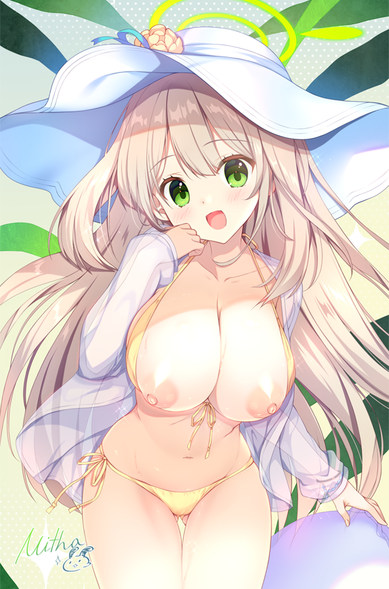 1girl :d bangs bikini blue_archive blush breasts breasts_out brown_hair commentary_request flower front-tie_bikini front-tie_top green_eyes hair_between_eyes halo hand_up hat hat_flower innertube long_hair long_sleeves looking_at_viewer mitha navel nipples nonomi_(blue_archive) nonomi_(swimsuit)_(blue_archive) open_clothes puffy_long_sleeves puffy_sleeves see-through side-tie_bikini signature sleeves_past_wrists smile solo swimsuit very_long_hair white_headwear yellow_bikini yellow_flower