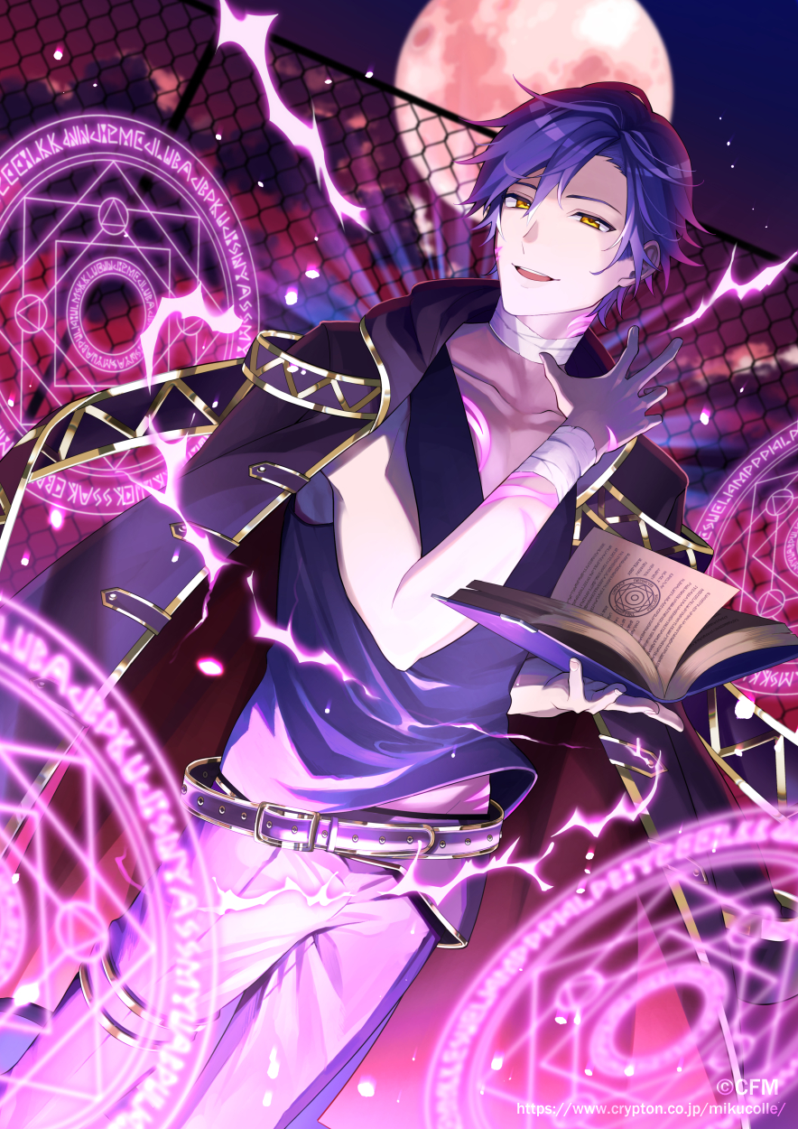 1boy alternate_costume alternate_hairstyle bandaged_neck bandaged_wrist bandages blue_hair book coat coat_on_shoulders full_moon hands_up highres holding holding_book kaito_(vocaloid) magic magic_circle male_focus moon night nokuhashi short_hair sleeveless smile solo summoning vocaloid yellow_eyes