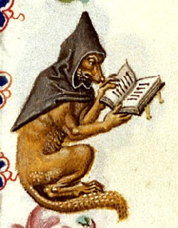 15th_century ambiguous_gender ancient_art book brown_body brown_fur canid canine clothed clothing feral fox fur hood low_res mammal public_domain reynard_the_fox solo traditional_media_(artwork) unknown_artist