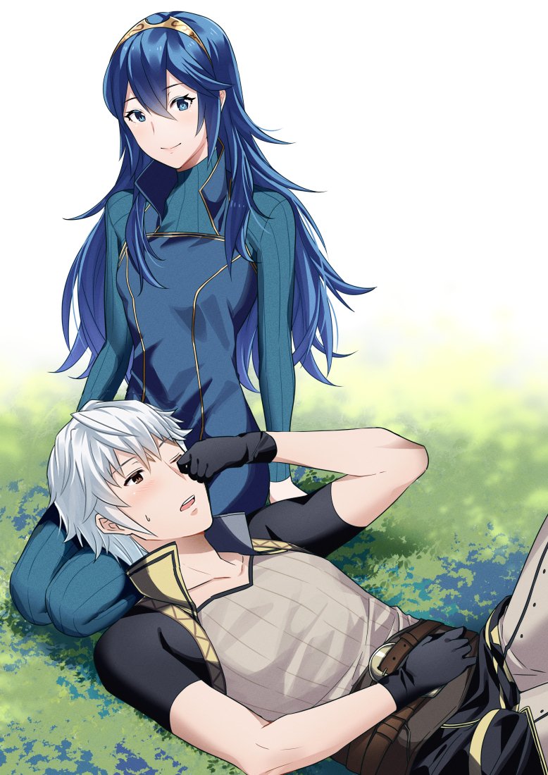 1boy 1girl ameno_(a_meno0) bangs belt black_gloves blue_eyes blue_hair blue_sweater blush brown_belt brown_eyes closed_mouth collarbone commentary_request fire_emblem fire_emblem_awakening gloves grass hair_between_eyes high_collar lap_pillow long_hair long_sleeves lucina_(fire_emblem) lying one_eye_closed open_mouth outdoors ribbed_sweater robin_(fire_emblem) robin_(fire_emblem)_(male) seiza short_hair short_sleeves sitting smile sweatdrop sweater teeth tiara turtleneck turtleneck_sweater upper_teeth white_hair