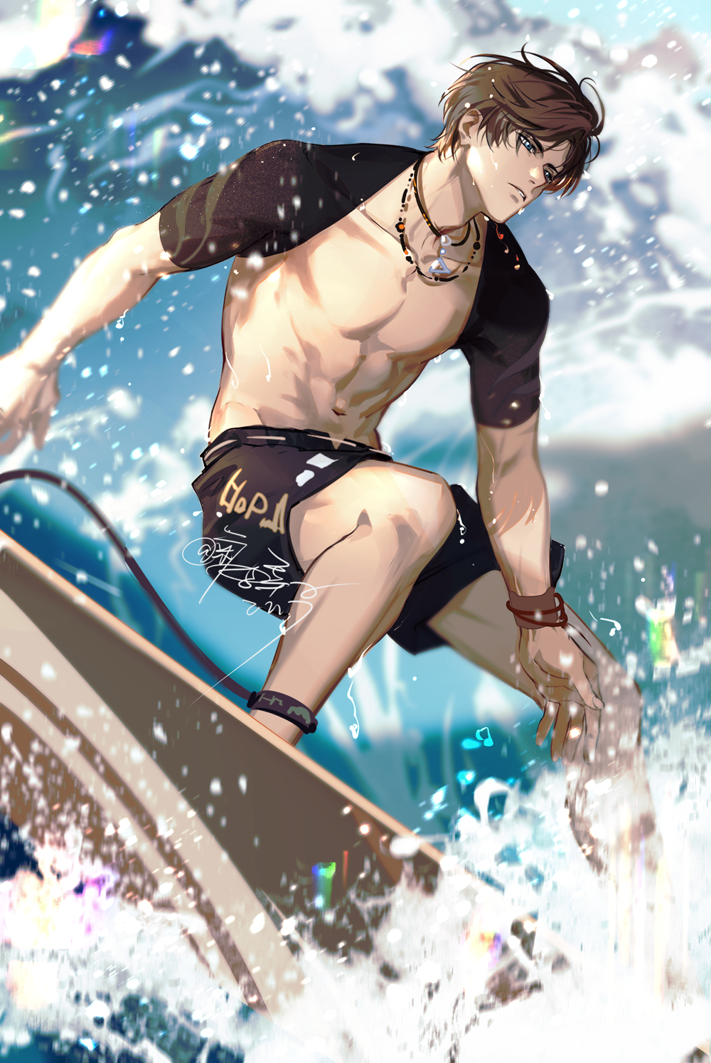 1boy abs artem_wing_(tears_of_themis) artist_name bangs blue_eyes brown_hair highres jewelry male_focus male_swimwear muscular muscular_male navel necklace open_mouth outdoors short_hair short_sleeves signature solo standing surfboard surfing swim_trunks tang_xinzi tears_of_themis water waves