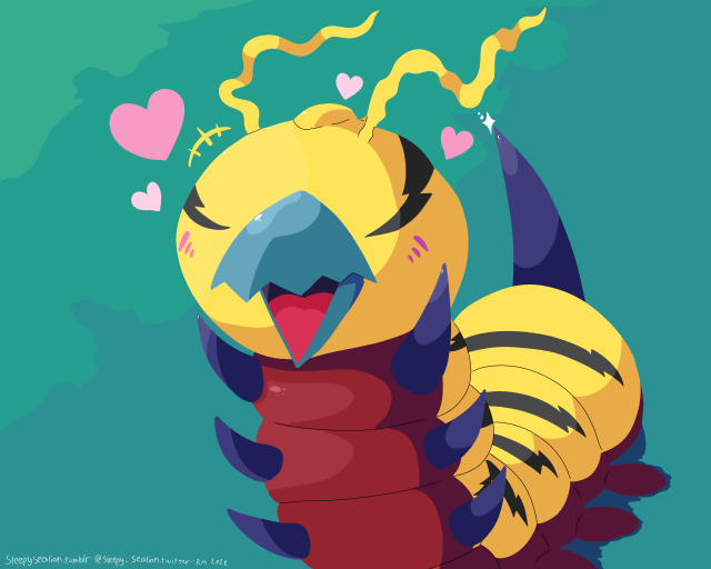 &lt;3 antennae_(anatomy) arthropod bandai_namco beak blush claws digimon digimon_(species) digimon_survive eyeless feral insect kunemon kunemon_(survive) male orange_underbelly sleepysealion solo stinger_(anatomy) yellow_body