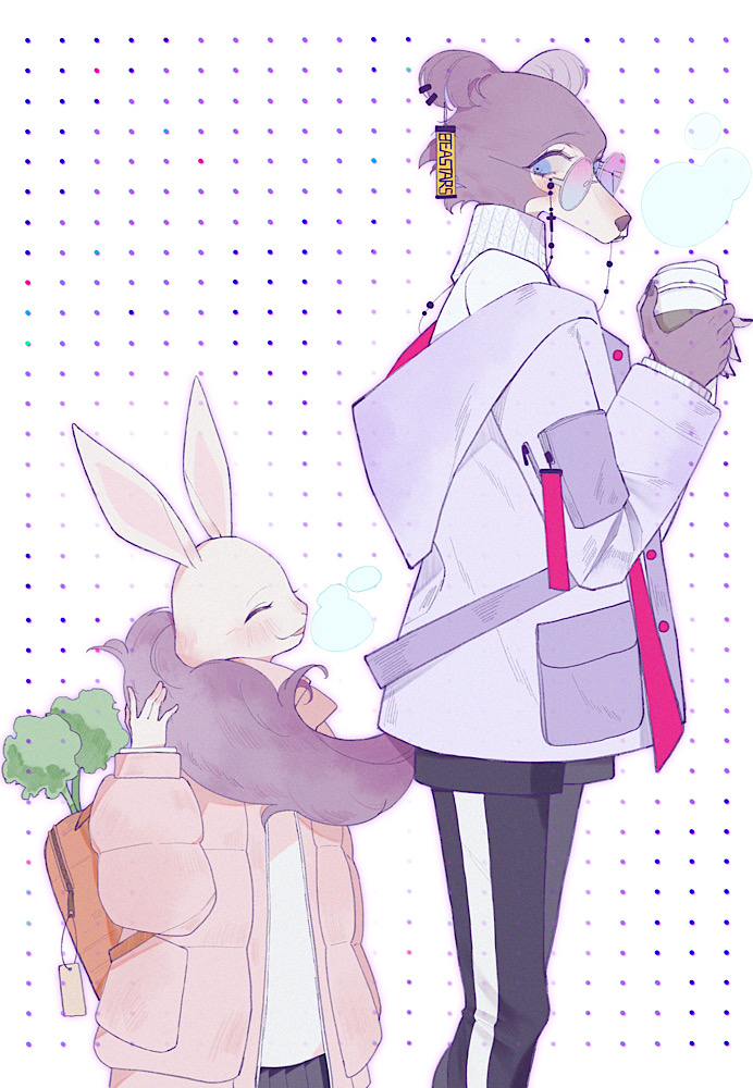 2girls backpack bag beads beastars black_nails black_shorts blue-tinted_eyewear blue_eyes blush breath carrot closed_eyes coat copyright_name cup disposable_cup earclip eyewear_strap furry furry_female glasses gradient grey_coat hand_up hands_up haru_(beastars) height_difference holding holding_another's_tail holding_cup hood hood_down hooded_coat juno_(beastars) looking_at_another looking_away looking_down multiple_girls pants pants_under_shorts parted_lips pink-framed_eyewear pink_coat pocket rabbit_girl round_eyewear shorts sideways_glance smile steam suda-rinrinko sweater tail tail_wrap tinted_eyewear track_pants turtleneck white_background white_sweater winter_clothes wolf_girl