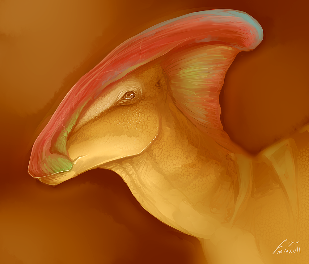 ambiguous_gender brown_eyes bust_portrait dinosaur feral glistening glistening_eyes hadrosaurid imperatorcaesar mouth_closed ornithischian parasaurolophus portrait red_body reptile scales scalie side_view signature simple_background solo tan_body tan_scales