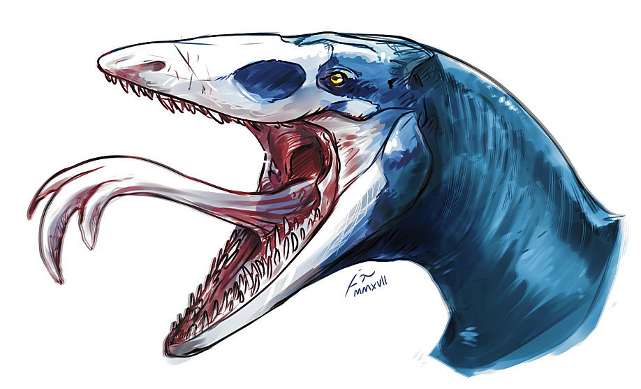 blue_body dinosaur forked_tongue headshot_portrait imperatorcaesar mouth_shot open_mouth portrait reptile scalie sharp_teeth side_view signature simple_background teeth tongue white_background white_body white_tongue wide_eyed