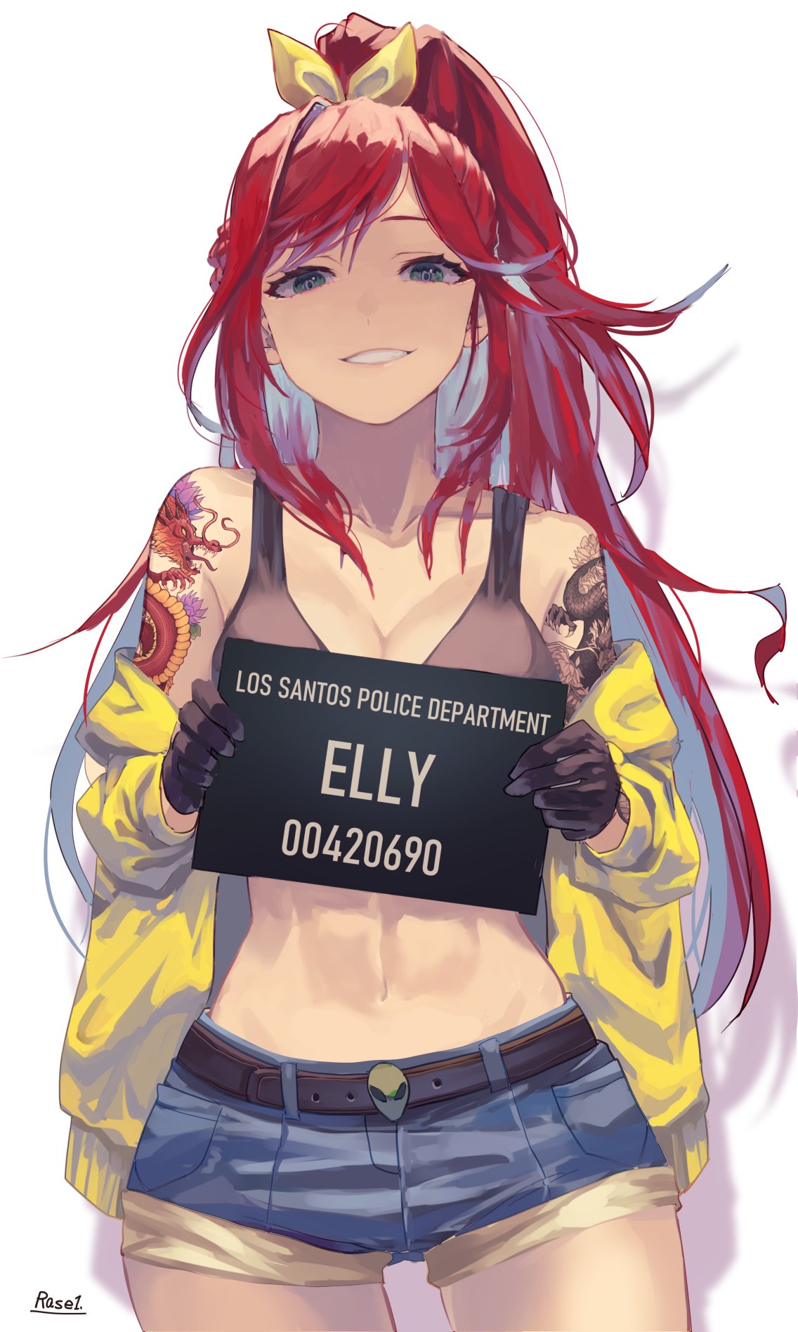 1girl abs arm_tattoo artist_name bangs bare_shoulders belt black_gloves character_name commission cowboy_shot denim denim_shorts dragon_tattoo elly_(vtuber) gloves grand_theft_auto grand_theft_auto_v grey_eyes high_ponytail highres holding holding_sign indie_virtual_youtuber jacket jacket_partially_removed long_hair mugshot open_clothes open_jacket ponytail rasetsu001 red_hair short_shorts shorts sign simple_background solo tattoo white_background