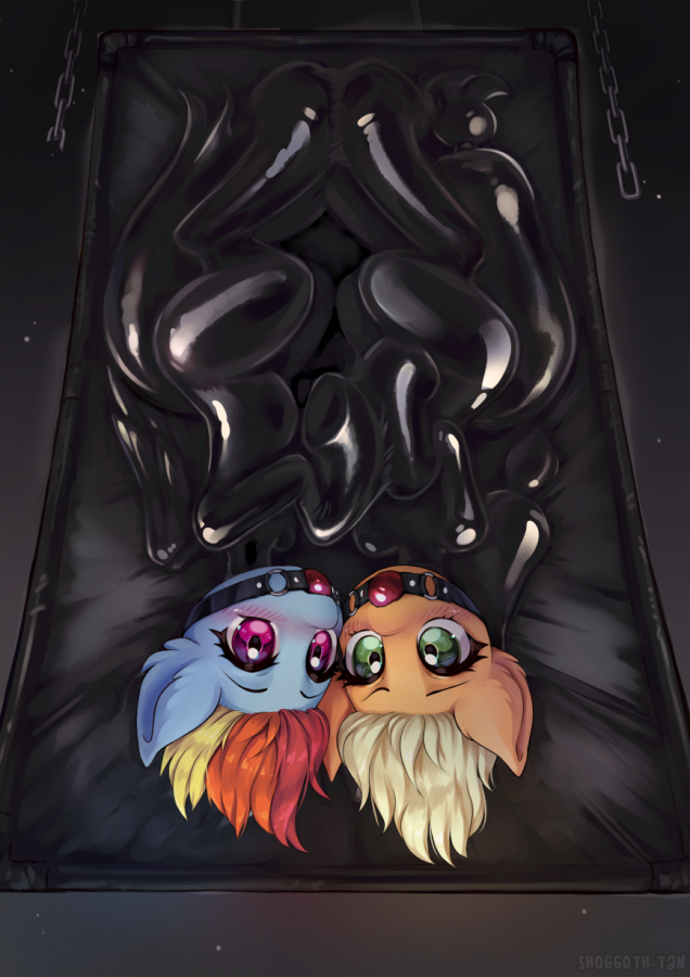 applejack_(mlp) ball_gag black_latex chain duo equid equine female feral friendship_is_magic gag hanging_(disambiguation) hasbro horse latex mammal my_little_pony pony rainbow_dash_(mlp) shoggoth-tan upside_down vacuum_bed