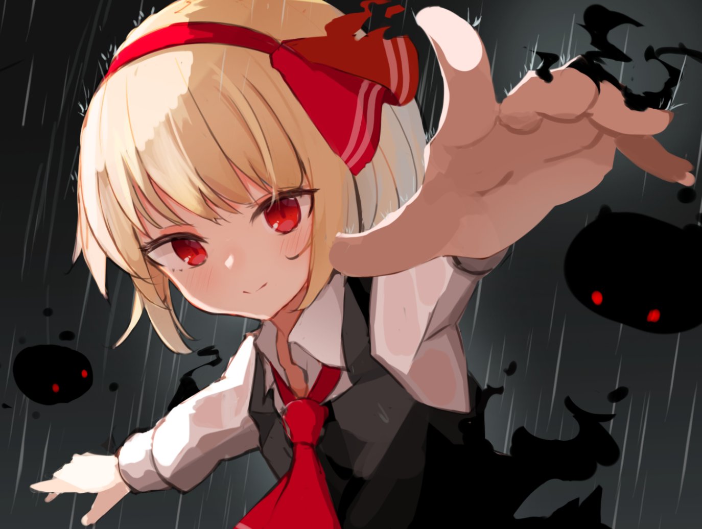 1girl ascot black_dress blonde_hair closed_mouth collared_shirt darkness dress hair_ribbon hairband living_shadow outdoors outstretched_arms pinafore_dress rain red_ascot red_eyes red_hairband red_ribbon ribbon rumia shirt short_hair smile solarisu solo standing touhou upper_body white_shirt