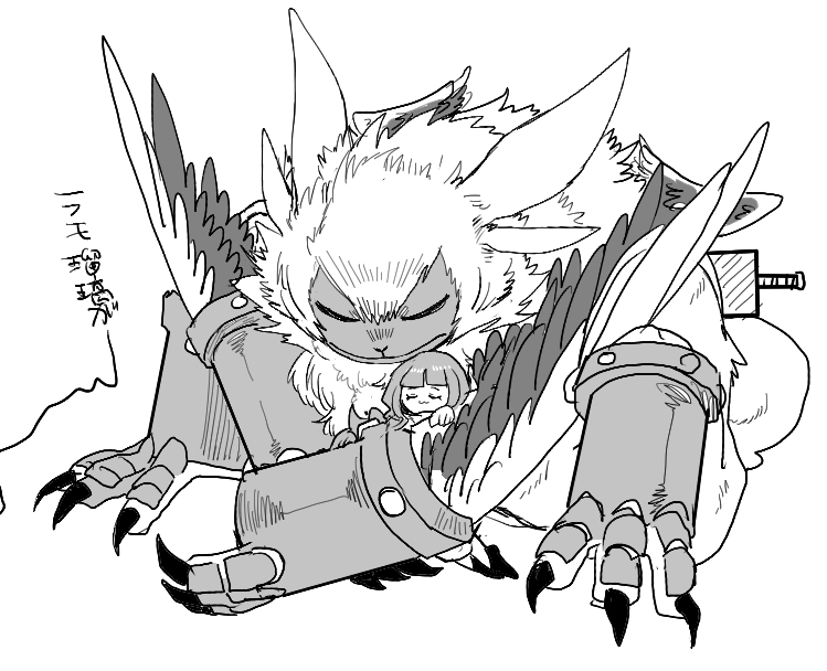 anthro bandai_namco claws cuddling digimon digimon_(species) digimon_ghost_game duo female human japanese_text lamortmon m_t_kn_c male mammal melee_weapon monster ruri_tsukiyono sharp_claws size_difference sleeping sword text weapon winged_arms wings