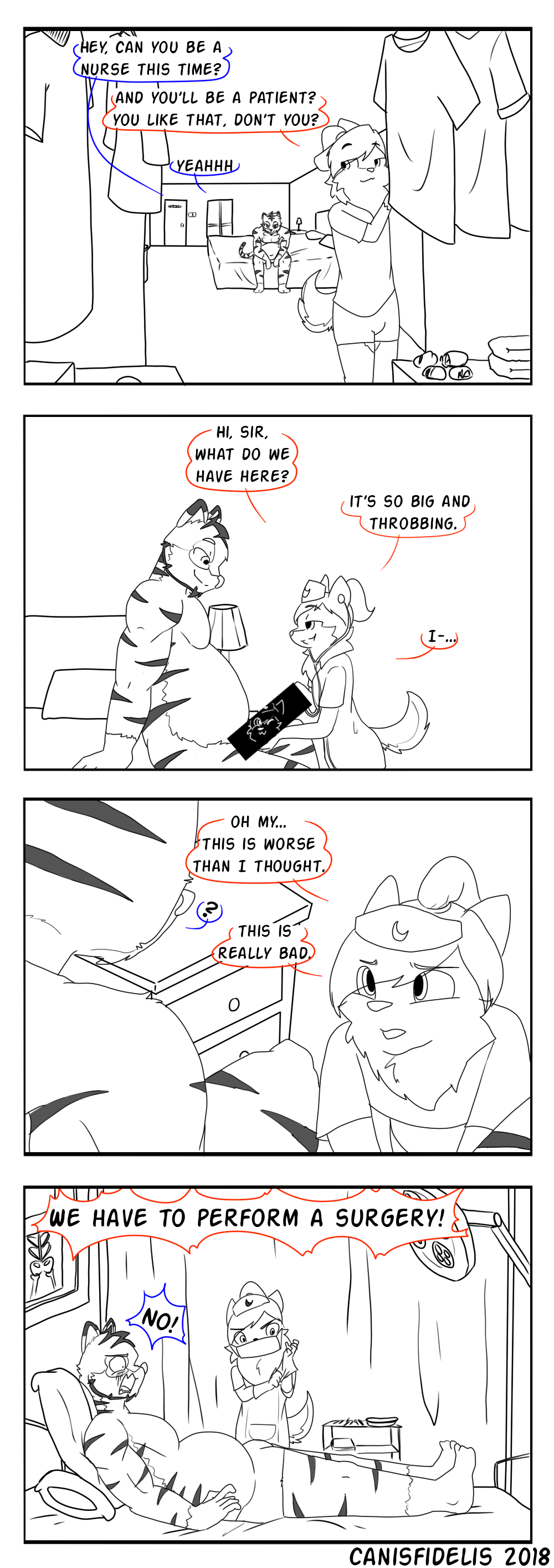 2018 absurd_res anthro bed black_nose canid canine canis canisfidelis censored clothed clothing comic crossdressing dialogue duo english_text erection eye_through_hair eyebrow_through_hair eyebrows face_mask felid front_view furniture gloves hair handwear hat headgear headwear hi_res humor looking_back lying male male/male mammal medical_instrument monochrome neck_tuft nurse_clothing nurse_hat nurse_headwear nurse_uniform okami_wolf on_back on_bed open_mouth panicking pantherine ponytail roleplay scientific_instrument shirt side_view simple_background sitting smile speech_bubble standing striped_body stripes text tiger topwear translucent translucent_hair tuft underwear uniform vrock wolf