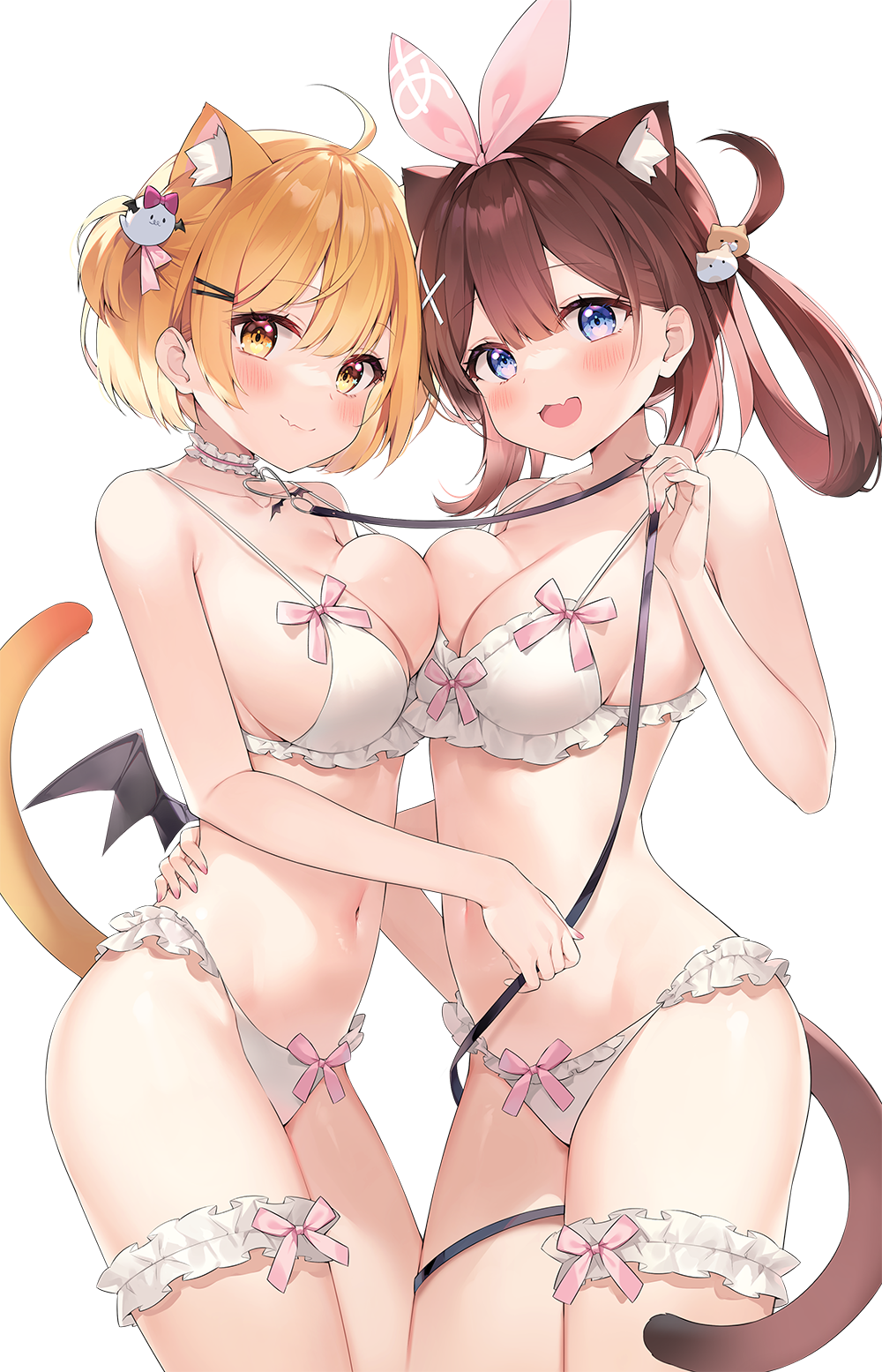 2girls :d ahoge animal_ears ayamy ayamy_(vtuber) bare_arms bare_shoulders blonde_hair blue_eyes bra breast_press breasts bridal_garter brown_hair cat_ears cat_girl cat_tail choker cleavage cowboy_shot extra_ears fang frilled_bra frilled_choker frilled_panties frills hair_rings hand_on_another's_back highres hololive indie_virtual_youtuber kemonomimi_mode leash long_hair looking_at_viewer medium_breasts mini_wings multiple_girls navel one_side_up open_mouth panties short_hair smile stomach strap_gap symmetrical_docking tail tail_raised thighs underwear underwear_only virtual_youtuber white_bra white_panties wings yellow_eyes yozora_mel