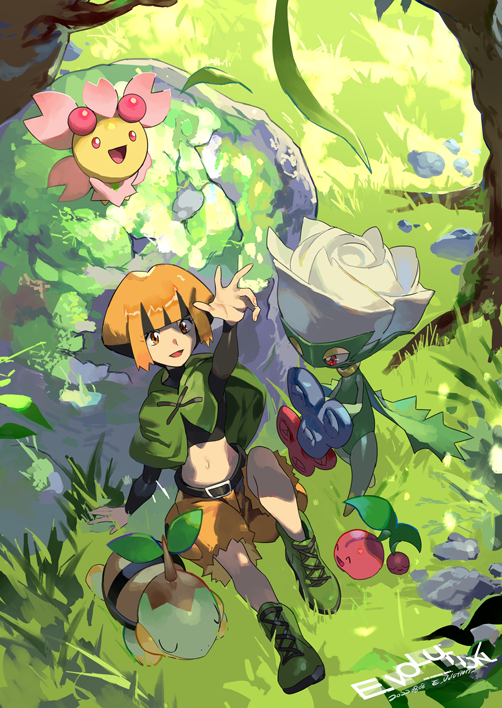 1girl arm_support arm_up artist_name bangs belt black_belt black_hair black_shirt blunt_bangs boots brown_eyes cargo_shorts cherrim cherrim_(sunshine) cherubi cropped_shirt day e_volution gardenia_(pokemon) grass green_footwear long_sleeves midriff multicolored_hair navel open_mouth orange_hair outdoors pokemon pokemon_(creature) pokemon_(game) pokemon_dppt poncho roserade shirt short_hair shorts sitting smile torn_clothes torn_shorts turtwig two-tone_hair