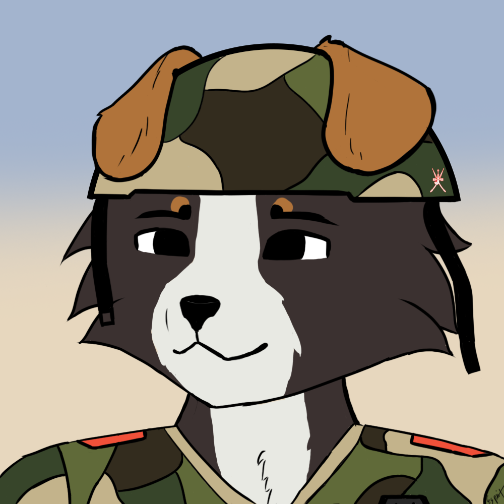 anthro border_collie brown_body brown_ears brown_fur canid canine canis clothing collie domestic_dog esprit floppy_ears fur grey_body grey_fur herding_dog male mammal military_helmet military_uniform pastoral_dog sheepdog simple_background smile solo uniform white_body white_fur