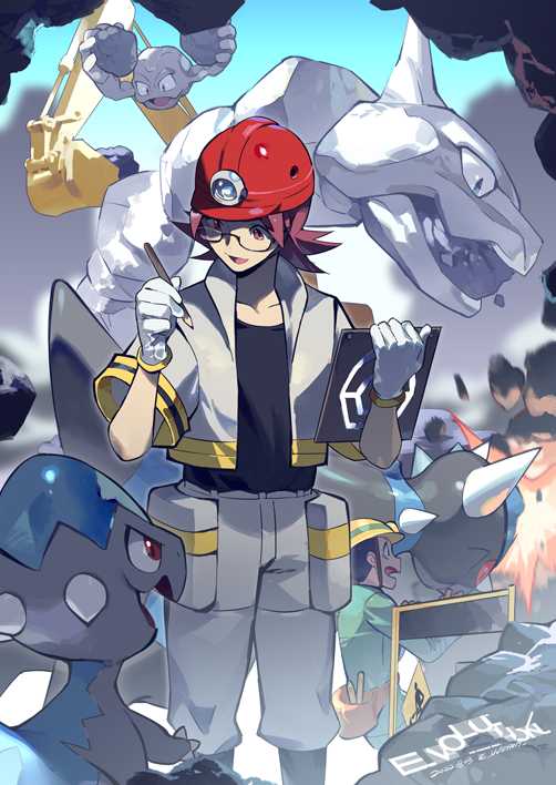 2boys baggy_pants black-framed_eyewear black_footwear black_shirt boots cranidos e_volution geodude glasses gloves grey_jacket grey_pants helmet holding holding_pencil jacket male_focus multiple_boys onix open_mouth pants pencil pokemon pokemon_(creature) pokemon_(game) pokemon_dppt rampardos red_eyes red_hair red_headwear roark_(pokemon) shirt short_sleeves smile white_gloves worker_(pokemon)