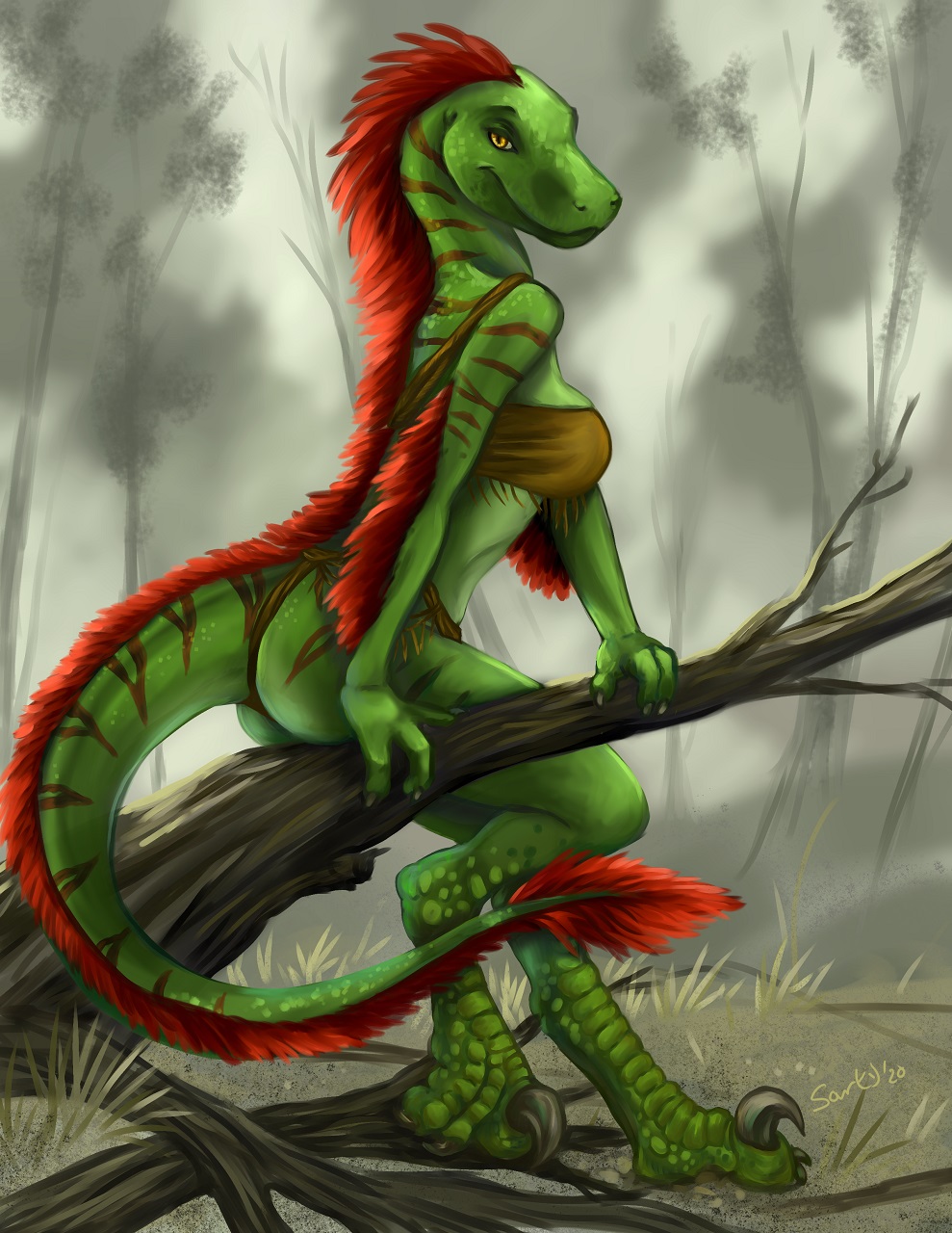 anthro bottomwear breasts caribou_(artist) clothing cloud day detailed_background dinosaur dromaeosaurid feet female fingers forest grass green_body hair hi_res loincloth non-mammal_breasts outside plant red_hair reptile scalie sky solo theropod toes tree tribal tribal_clothing uthalla yellow_eyes
