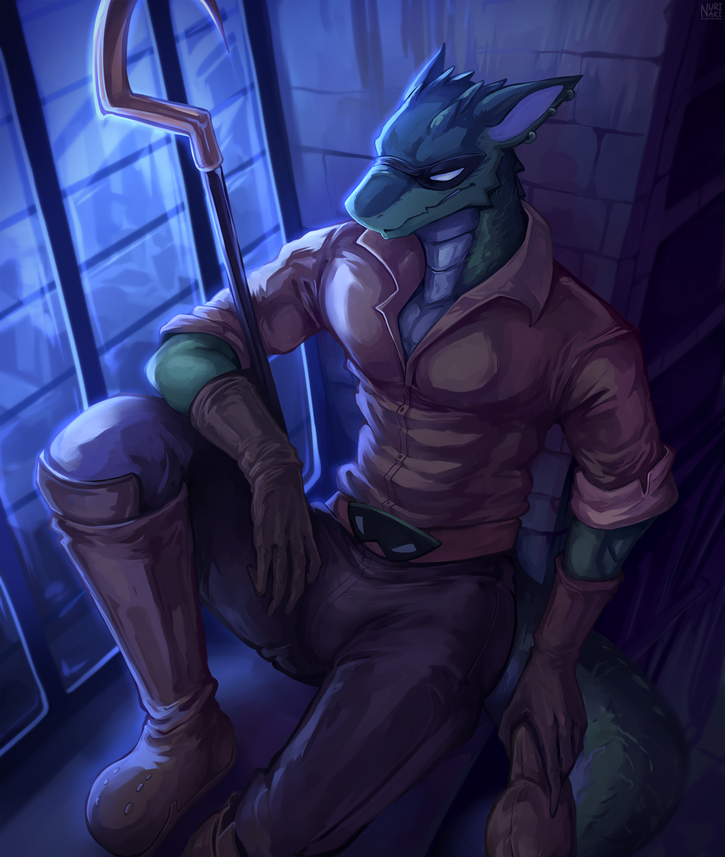 anthro clothed clothing cosplay ear_piercing fully_clothed gloves green_body green_scales handwear hi_res kobold male mask nurinaki piercing scales scalie sitting sly_cooper sly_cooper_(series) solo sony_corporation sony_interactive_entertainment staff sucker_punch_productions video_games window