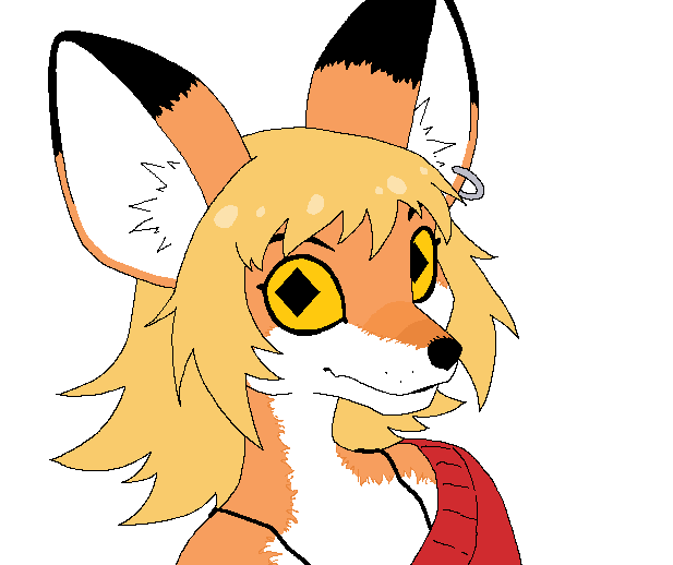 anthro black_eyebrows black_nose blonde_hair bra_straps canid canine cerebropodrido clothing colored diamond_pupils dipstick_ears ear_piercing ear_ring eyebrows female fox fur hair inner_ear_fluff looking_at_viewer mammal mouth_closed multicolored_ears orange_body orange_fur piercing pupils ring_piercing shirt simple_background solo topwear tuft unusual_pupils white_body white_fur yellow_sclera