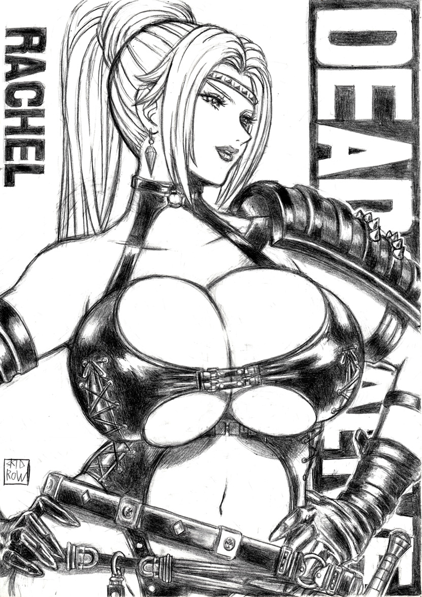 1girl armor artist_name bangs bare_shoulders belt breasts character_name circlet cleavage clothing_cutout collarbone commentary_request copyright_name dead_or_alive dead_or_alive_5 dead_or_alive_6 earrings gloves greyscale halterneck hands_on_hips high_ponytail jewelry large_breasts leotard lips lipstick long_hair looking_away makeup monochrome navel navel_cutout parted_bangs ponytail rachel_(ninja_gaiden) shoulder_armor signature simple_background skidrow solo stomach