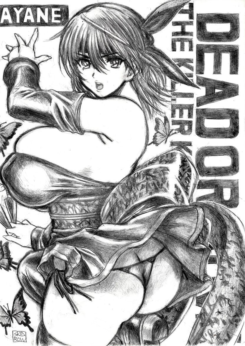 1girl arm_warmers artist_name ayane_(doa) bangs bare_shoulders breasts bug butt_crack butterfly character_name commentary_request copyright_name covered_nipples dead_or_alive dead_or_alive_6 greyscale headband japanese_clothes large_breasts leg_up lips looking_at_viewer monochrome obi open_mouth panties sash short_hair side-tie_panties signature simple_background skidrow skirt solo strapless thighhighs thighs underwear