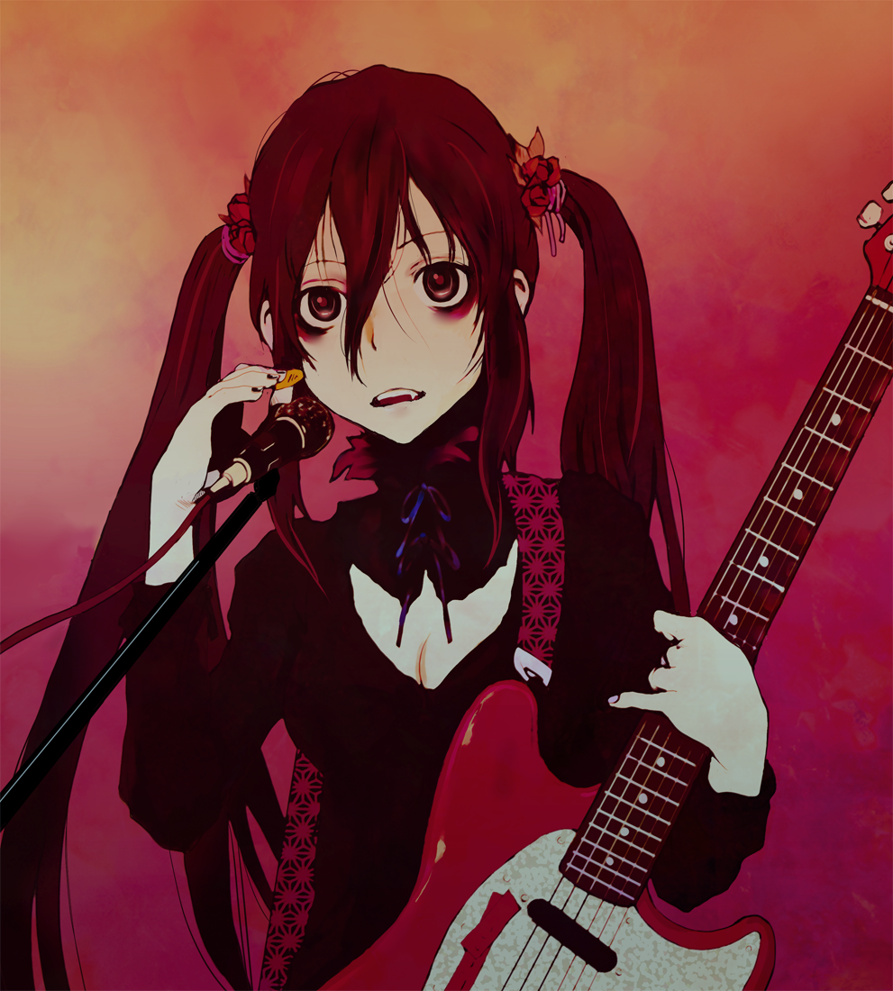 1girl black_dress black_hair cleavage_cutout clothing_cutout commentary_request dress electric_guitar fang fender fender_mustang flower guitar hair_between_eyes hair_flower hair_ornament instrument k-on! long_hair makeup microphone microphone_stand nakano_azusa neck_ribbon older parted_lips plectrum ribbon solo tamaoki_benkyou teeth twintails upper_body