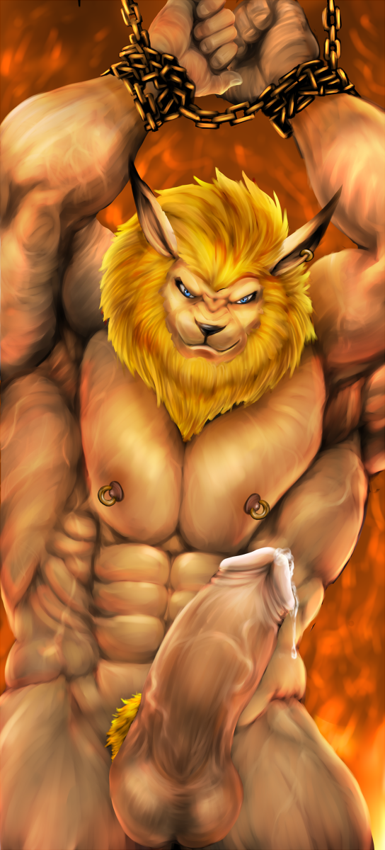 abs anthro balls bandai_namco bdsm bodily_fluids bound chain digimon digimon_(species) dynafurryart erection genital_fluids genitals hi_res leomon male muscular muscular_anthro muscular_male nipple_piercing nipple_ring nipples nude pecs penis piercing precum ring_piercing solo