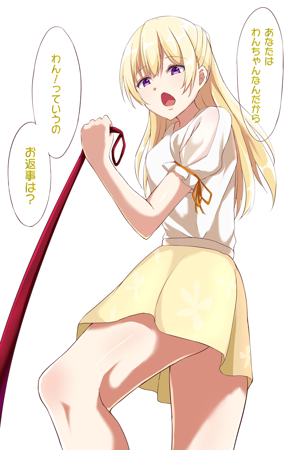 1girl bang_dream! bangs blonde_hair breasts femdom from_below highres iberiko_(soinesitai) leash long_hair looking_to_the_side medium_breasts open_mouth pov purple_eyes sadism shirasagi_chisato shirt simple_background skirt solo thighs translation_request white_background white_shirt yellow_skirt
