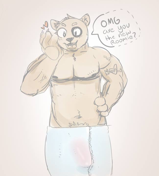 &lt;3 anthro belly brown_body bulge carrydraws excited giant_panda happy male mammal muscular open_mouth open_smile smile solo teasing towel ursid veiny_muscles