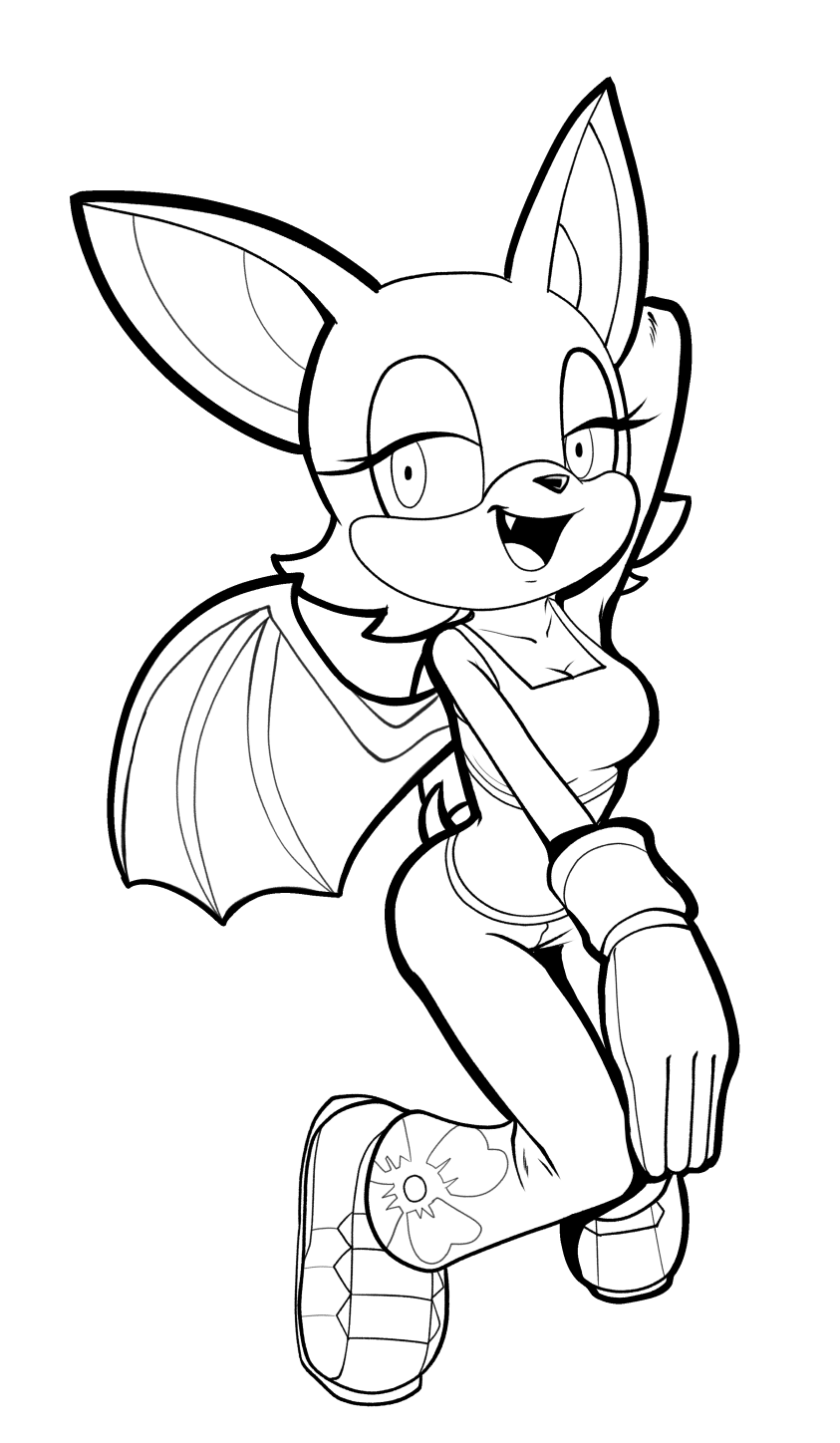 anthro breasts chiropteran cleavage clothed clothing female footwear fours_(artist) gloves handwear hi_res legwear looking_aside mammal membrane_(anatomy) membranous_wings midriff monochrome open_mouth open_smile raised_arm rouge_the_bat sega shirt shoes simple_background smile solo sonic_the_hedgehog_(series) tank_top topwear white_background wings