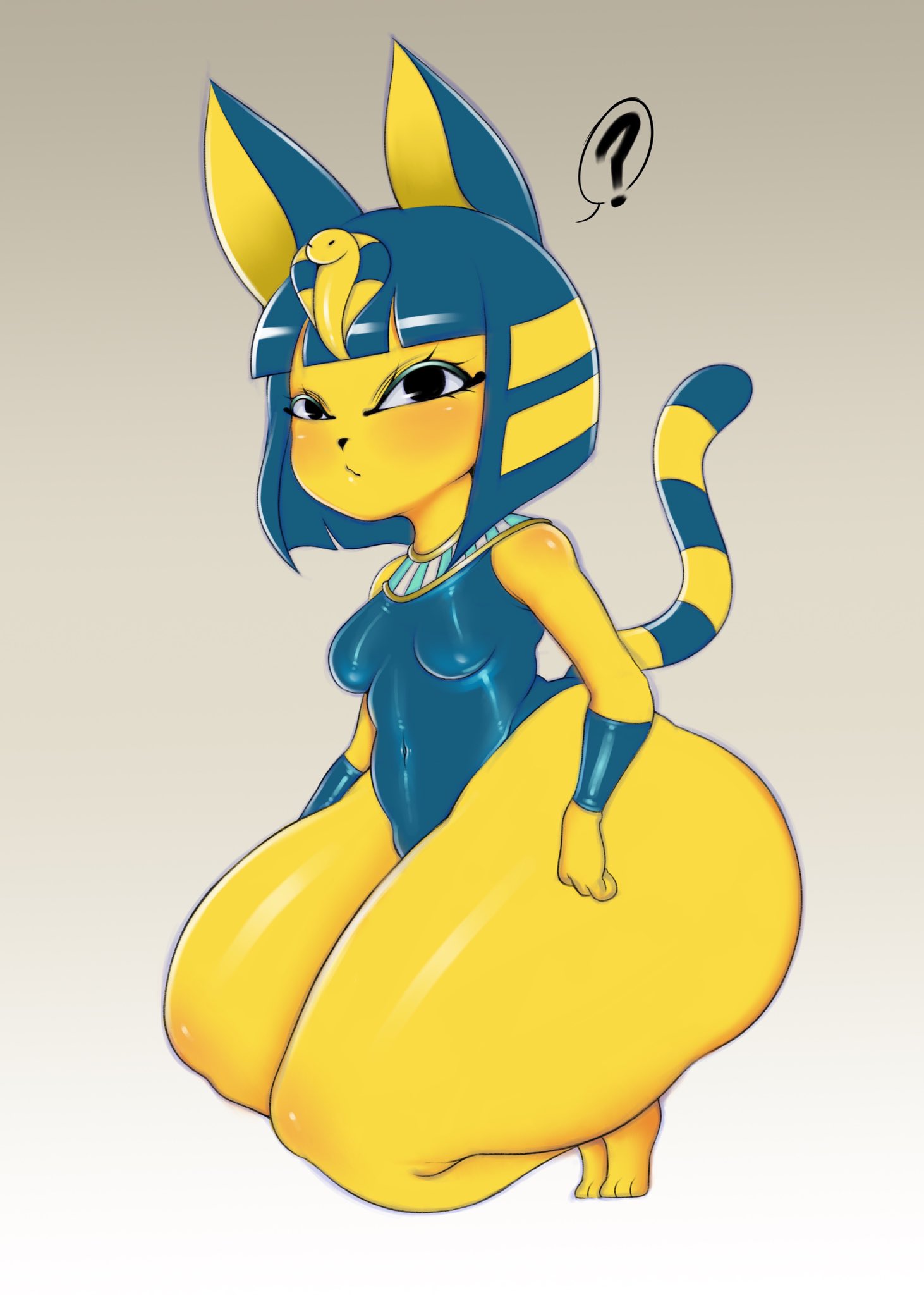 2020 3_toes animal_crossing ankha_(animal_crossing) anthro blue_hair clothed clothing domestic_cat feet felid feline felis female fingers hair hi_res looking_at_viewer mammal markings nintendo question_mark saltyxodium solo striped_markings striped_tail stripes tail_markings thick_thighs toes uraeus video_games yellow_body