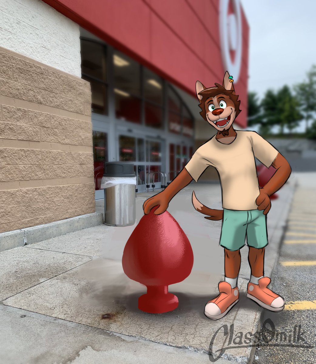 anthro bottomwear brown_body brown_fur buttplug canid canine clothed clothing day ear_piercing footwear fully_clothed fur glass0milk grass hi_res humor male mammal open_mouth open_smile outside piercing plant plug_(sex_toy) pose real sex_toy shirt shoes shorts sky smile socks solo store storefront tan_body tan_fur target_corporation teeth tongue tony_amaretto topwear trash_can tree