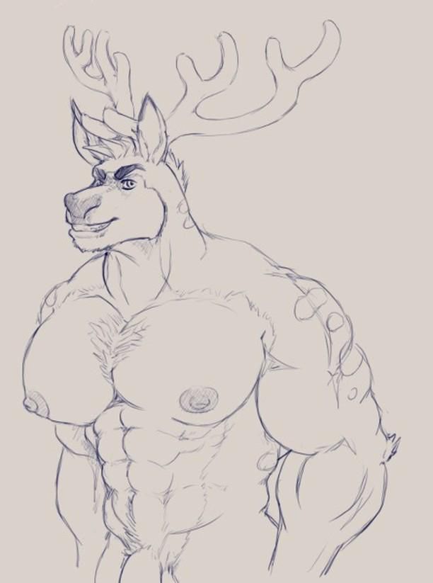 anthro cervid genitals himbo male male/male malr mammal megathedeer muscular pecs penis solo