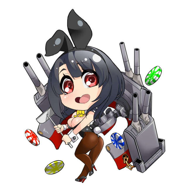 1girl alternate_costume animal_ears ass black_hair black_leotard bow bowtie breasts brown_pantyhose cannon chibi cleavage commentary_request detached_collar full_body heart-shaped_mouth kantai_collection large_breasts leotard machinery no_nose pantyhose playboy_bunny poker_chip rabbit_ears rabbit_tail rake red_eyes short_hair simple_background solo strapless strapless_leotard tail takao_(kancolle) turret udukikosuke white_background wrist_cuffs yellow_bow yellow_bowtie