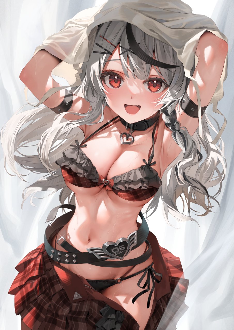 1girl :d arm_strap arms_up banned_artist belt bikini black_belt black_collar blush braid breasts cleavage collar fang frilled_bikini frills grey_hair hair_ornament hairclip heart_pendant highres hololive large_breasts long_hair looking_at_viewer mismatched_bikini multicolored_hair open_clothes open_skirt parsley-f plaid plaid_skirt red_eyes red_skirt sakamata_chloe side-tie_bikini skirt smile solo strap_gap streaked_hair swimsuit undressing virtual_youtuber wavy_hair x_hair_ornament
