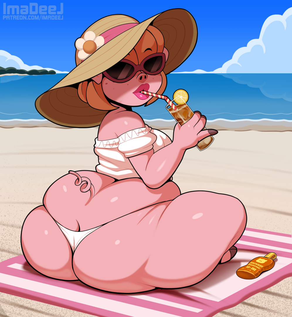 2022 anthro beach beach_blanket beverage big_butt breasts butt container cup domestic_pig drinking drinking_glass drinking_straw eyewear female glass glass_container glass_cup huge_butt ice imadeej lipstick looking_at_viewer looking_back looking_back_at_viewer makeup mammal outside seaside sitting solo suid suina sun_hat sunglasses sunscreen sus_(pig)