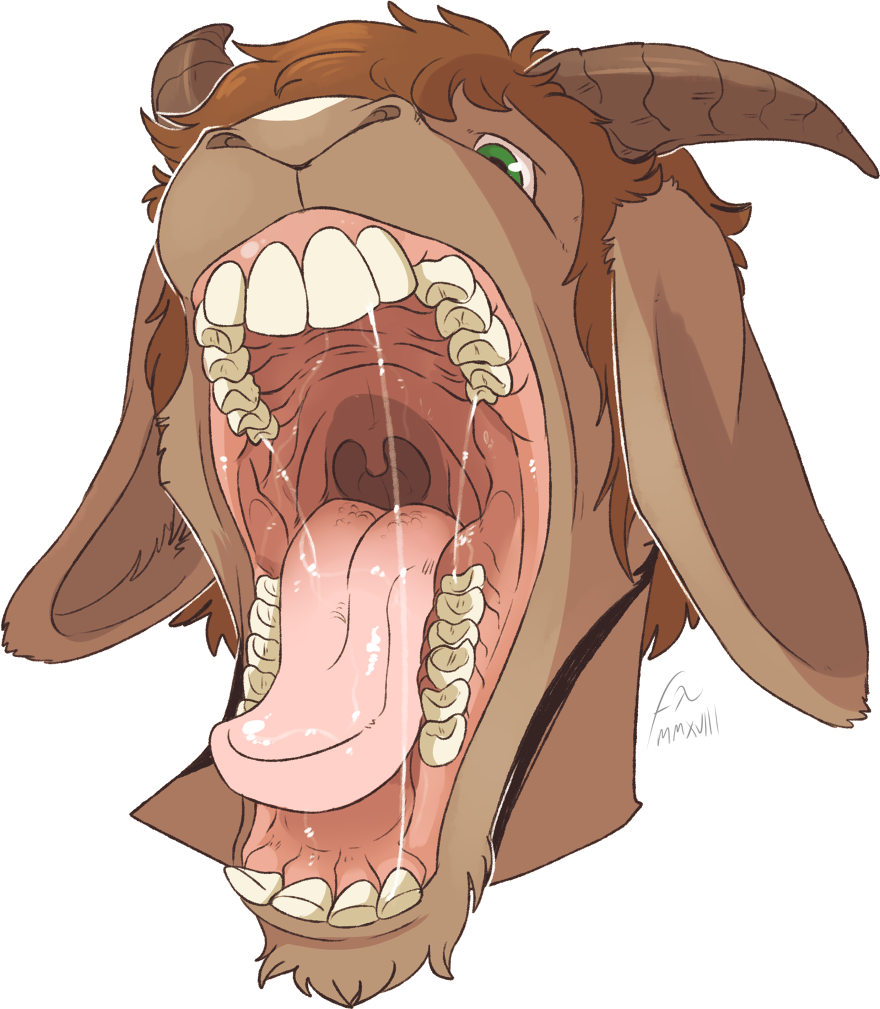 anthro bodily_fluids brown_body brown_ears brown_fur brown_hair brown_horn floppy_ears front_view fur glistening glistening_eyes glistening_tongue green_eyes hair headshot_portrait horn imperatorcaesar male mouth_shot open_mouth pink_tongue portrait ridged_horn saliva saliva_on_tongue saliva_string signature simple_background solo tongue white_background